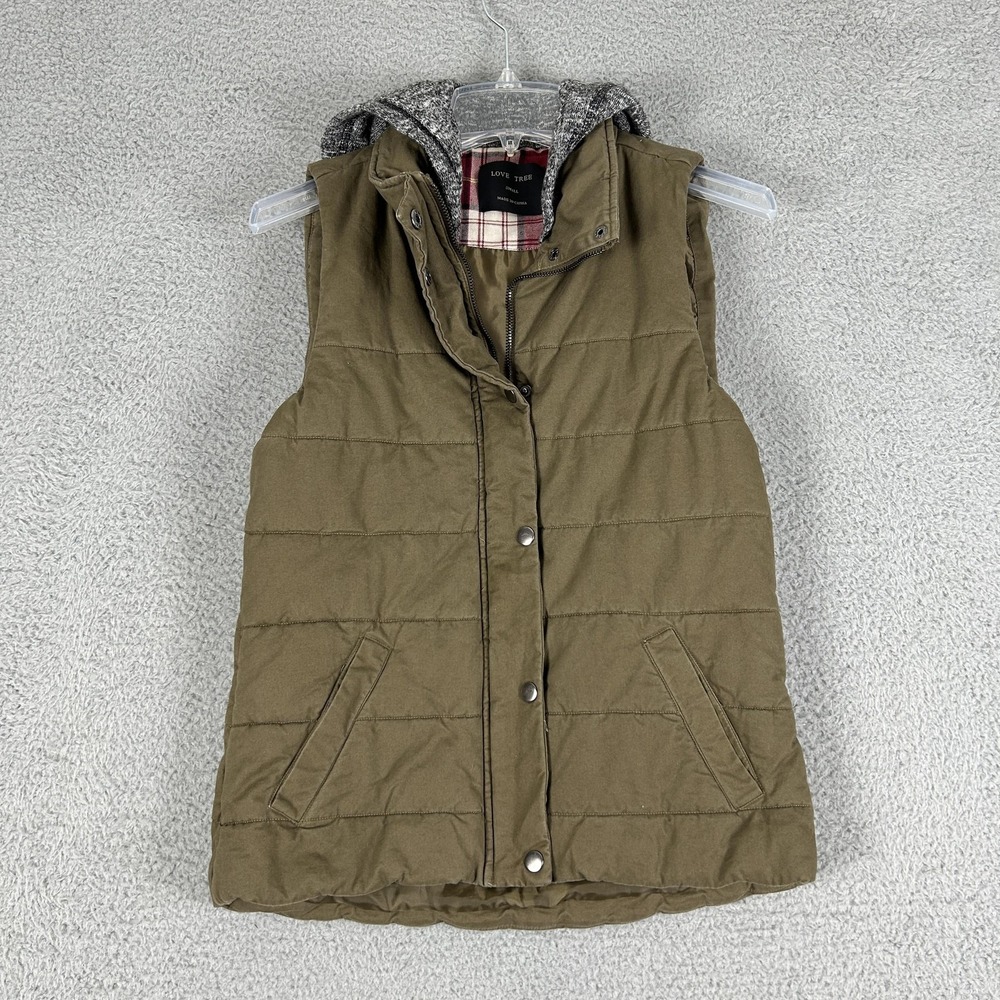 Love Tree Vest Womens Small Green Quilted Hooded Zip Puffer Sleeveless Jacket